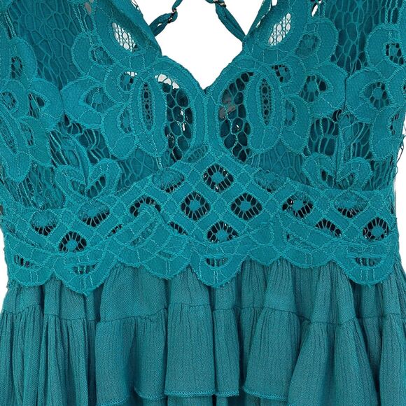 Free People Intimately X-Small Adella Cami Top Teal Ruffle Crochet Lace Smocked - Picture 2 of 8